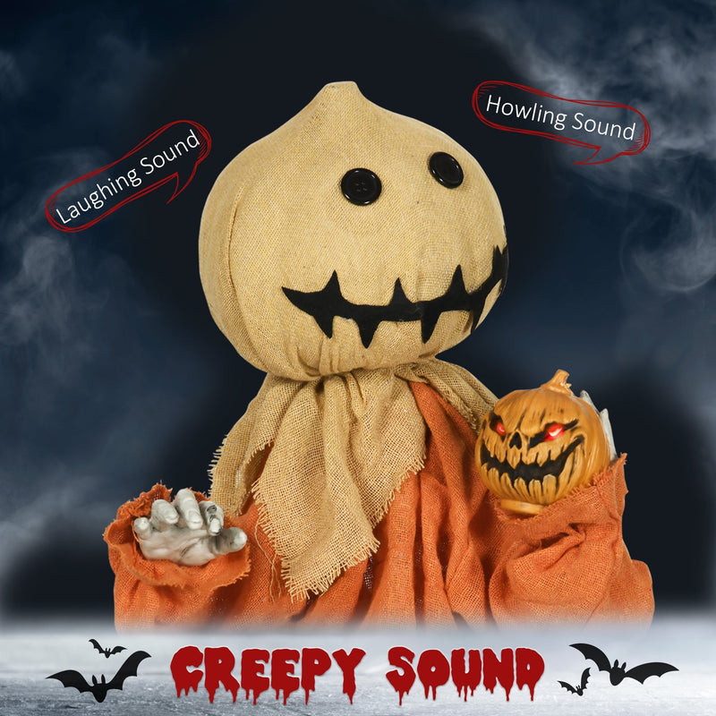 Sack head Halloween figure in mist with laughing and howling sound speech bubbles