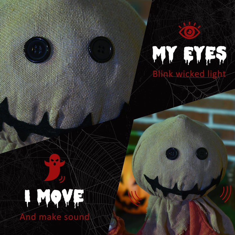Close-up of the figure's burlap sack head with black button eyes and a stitched grin
