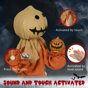 Sack head Halloween figure showing the press button, touch and loud sound activation options