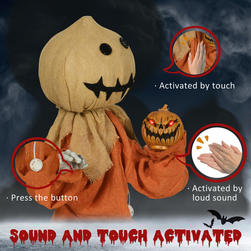 Sack head Halloween figure showing the press button, touch and loud sound activation options
