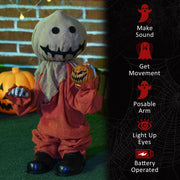 Sack head figure on grass beside a list of sound, movement, posable arm and light features
