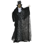 Animated skeleton reaper decoration in a black lace robe and tall top hat