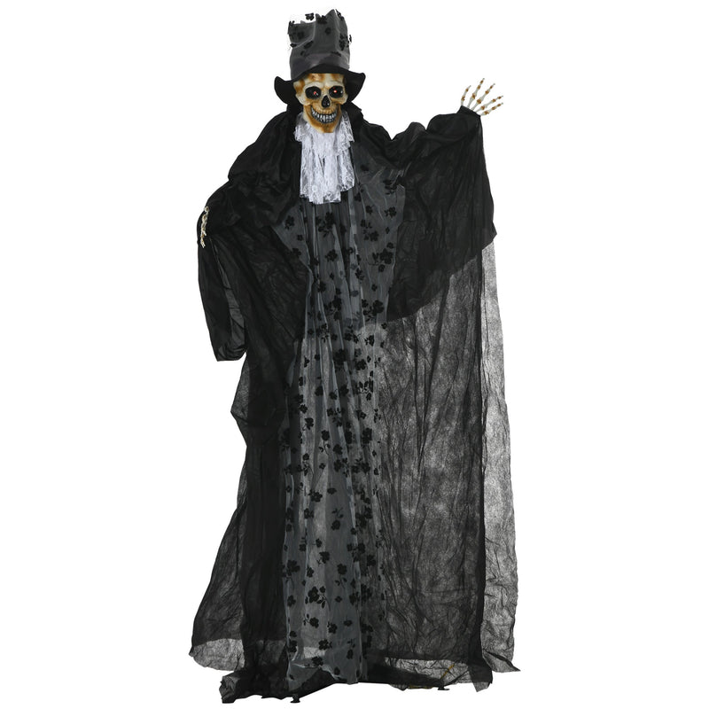 Animated skeleton reaper decoration in a black lace robe and tall top hat