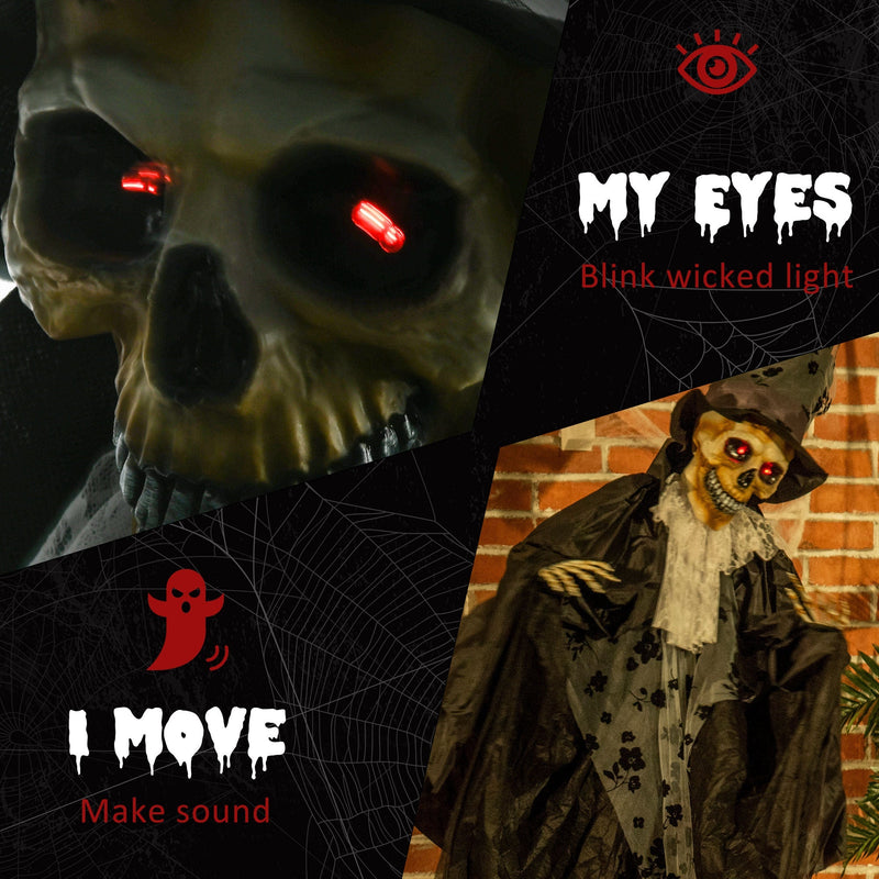 Close-up of the skull's glowing red eyes and bared teeth
