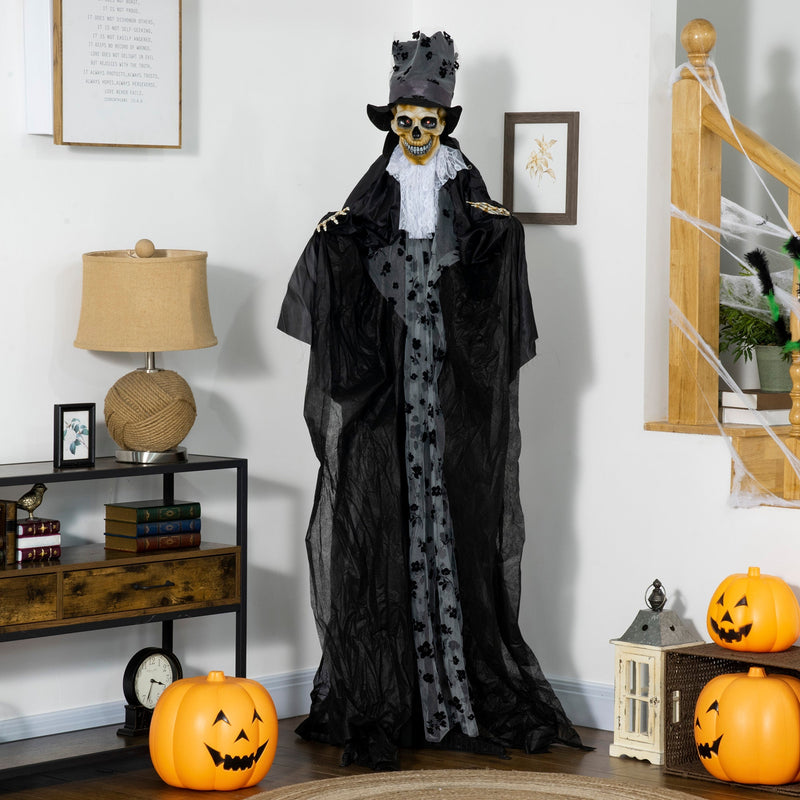Skeleton reaper standing indoors in a hallway beside carved pumpkins