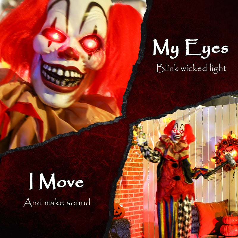 Close-up of the Outsunny Halloween clown's glowing red light-up eyes next to a lifestyle photo