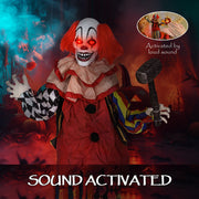 Outsunny Halloween clown decoration with a hand clapping icon showing the sound-activated trigger