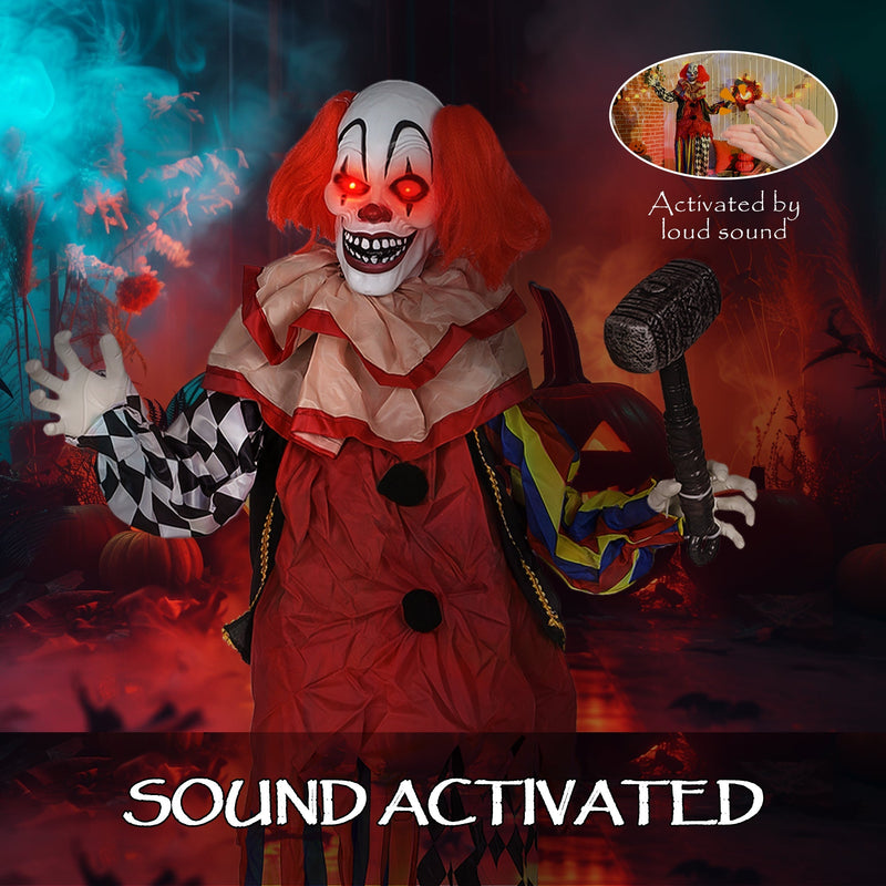 Outsunny Halloween clown decoration with a hand clapping icon showing the sound-activated trigger