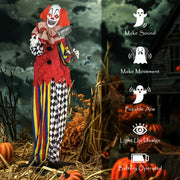 Icon list of the Outsunny Halloween clown's features: sound, movement, posable arm, light-up eyes, battery power
