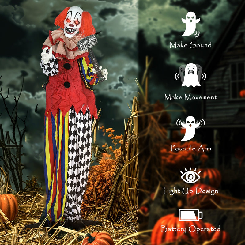 Icon list of the Outsunny Halloween clown's features: sound, movement, posable arm, light-up eyes, battery power