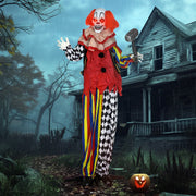 Outsunny animated Halloween clown standing outside a derelict house in a rainy night scene