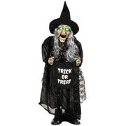 Homcom animated Halloween witch holding a trick or treat bag, studio shot