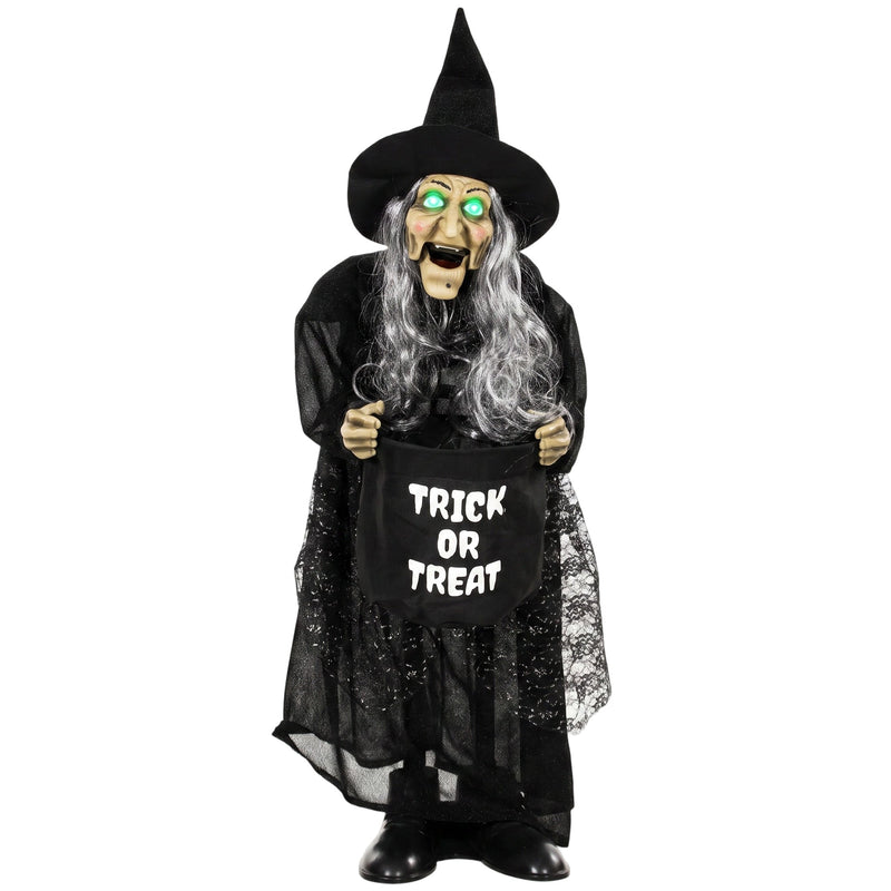 Homcom animated Halloween witch holding a trick or treat bag, studio shot
