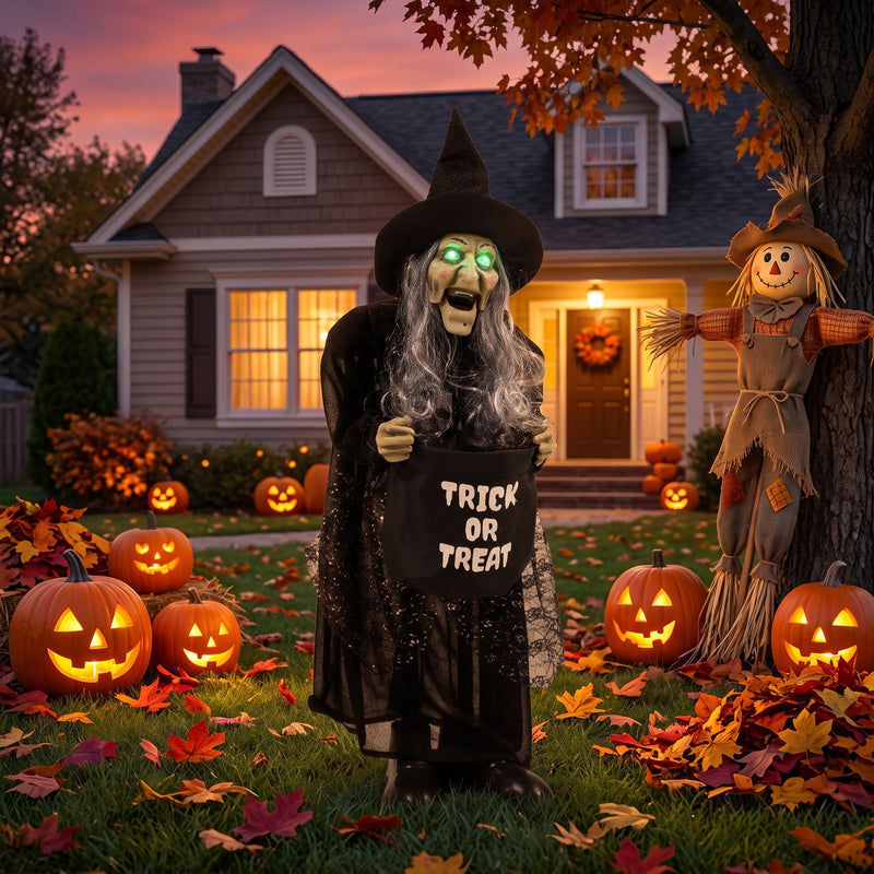 Animated witch decoration on a front lawn beside pumpkins and a scarecrow at dusk