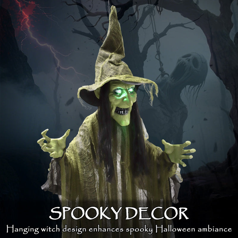 Outsunny hanging Halloween witch decoration displayed as spooky porch decor at night