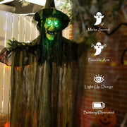 Icon list of the Outsunny hanging witch's features: sound, posable arm, light-up eyes, battery power