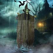 Outsunny animated hanging Halloween witch outside a haunted house in a rainy night scene with bats