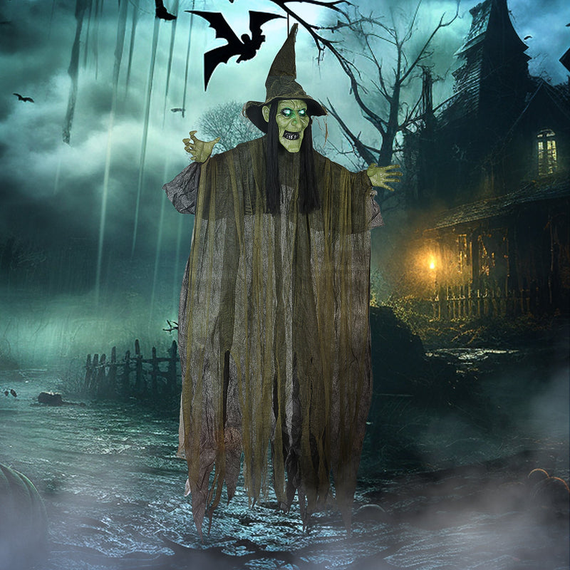 Outsunny animated hanging Halloween witch outside a haunted house in a rainy night scene with bats