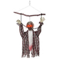 Animated hanging zombie decoration chained to a branch on plain background