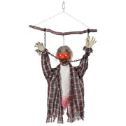 Animated hanging zombie decoration chained to a branch on plain background