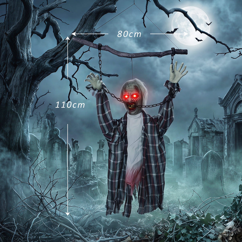 Dimensions diagram showing the hanging zombie at 110 cm tall with an 80 cm wide chain span