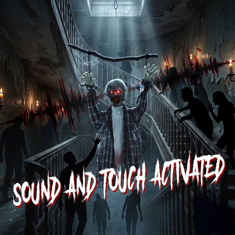 Hanging zombie decoration displayed on a haunted staircase with sound and touch activation