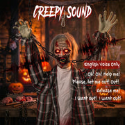 Close-up of the zombie's chained mouth with English-voice spooky sound effects
