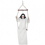 Animated hanging swing ghost Halloween decoration with a pale face and glowing red eyes