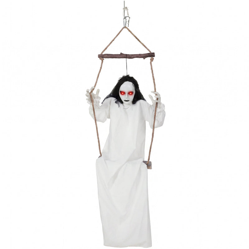 Animated hanging swing ghost Halloween decoration with a pale face and glowing red eyes