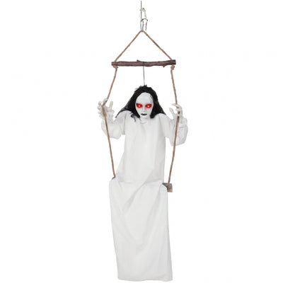 Animated hanging swing ghost Halloween decoration with a pale face and glowing red eyes