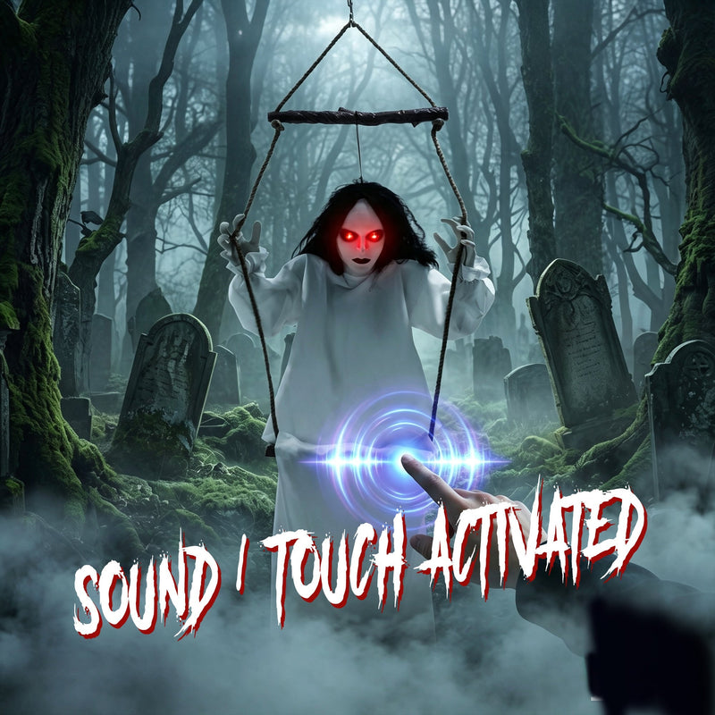 Hanging swing ghost decoration reacting to a sound or touch trigger in a foggy graveyard