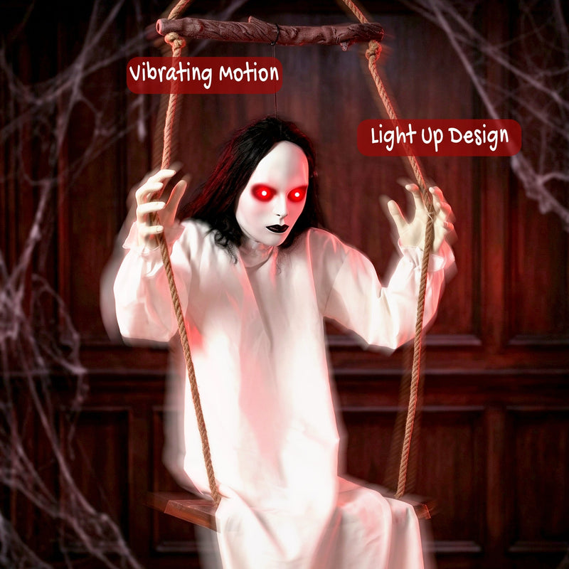 Hanging swing ghost decoration feature callouts for vibrating motion and light-up design
