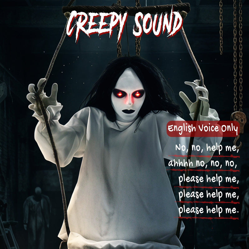 Hanging swing ghost decoration feature callout for its creepy English voice phrases