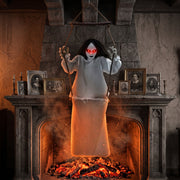 Hanging swing ghost decoration suspended above a lit fireplace mantel display