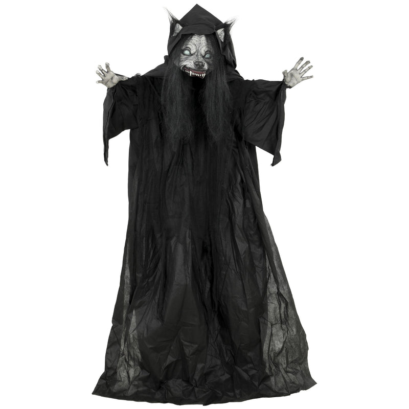 Animated pop-up werewolf to ghost reveal Halloween decoration in a black robe
