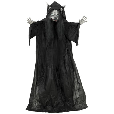 Animated pop-up werewolf to ghost reveal Halloween decoration in a black robe