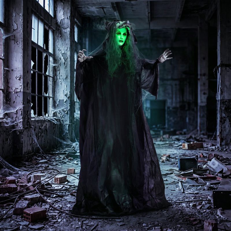 Pop-up ghost decoration revealed with a glowing green face inside a derelict building