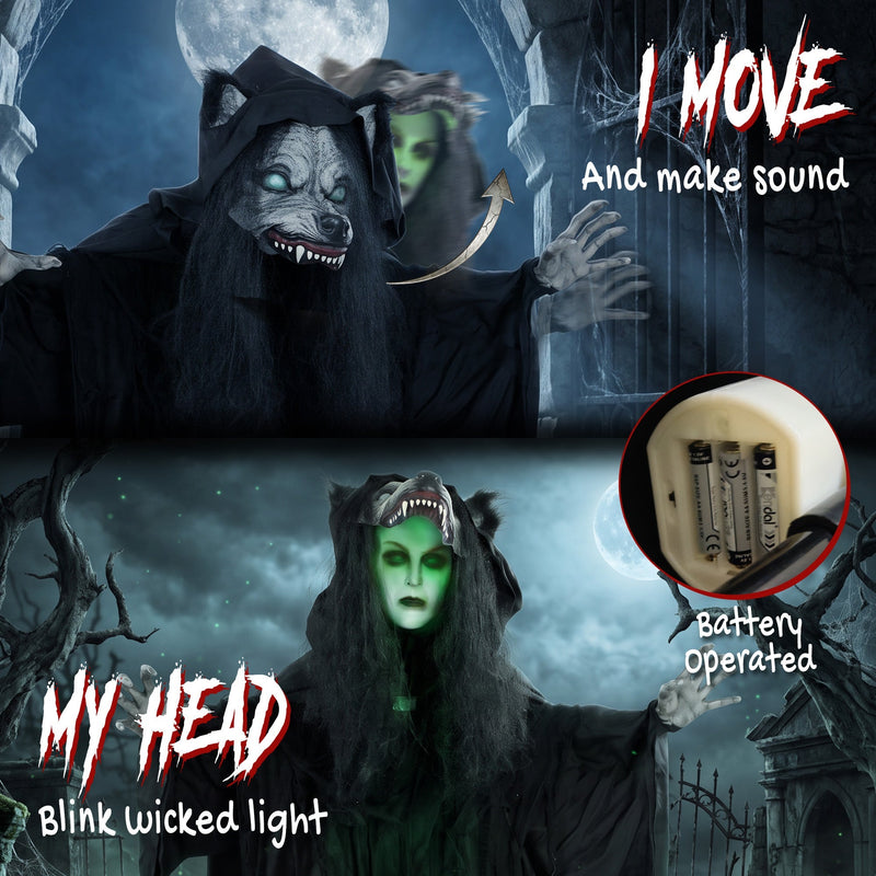 Side by side view of the werewolf face and the revealed green glowing ghost face