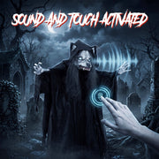Pop-up werewolf ghost decoration reacting to a sound or touch trigger in a graveyard