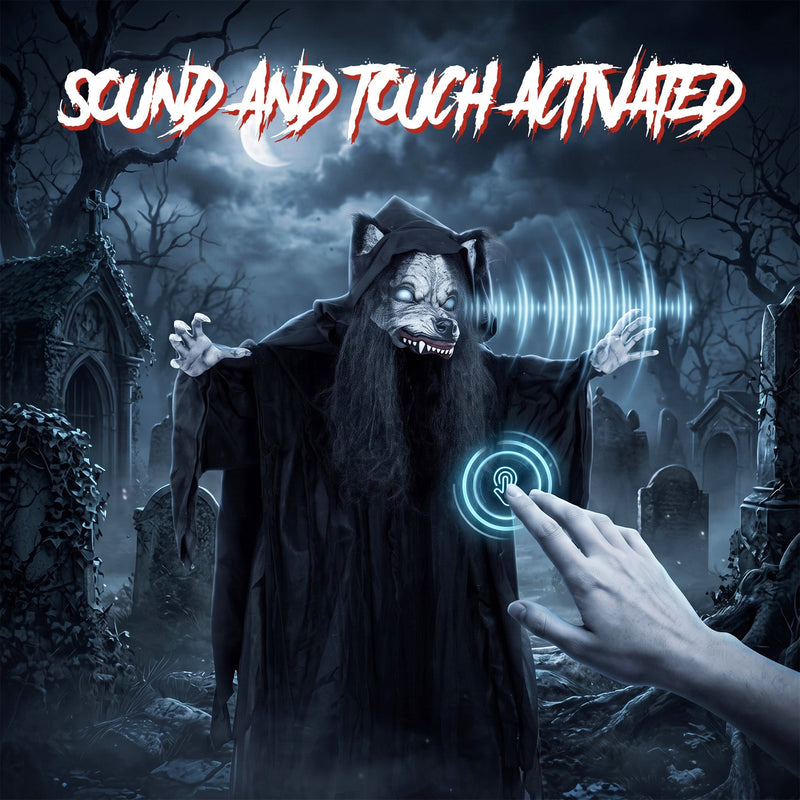 Pop-up werewolf ghost decoration reacting to a sound or touch trigger in a graveyard