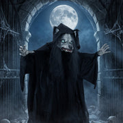 Pop-up werewolf ghost decoration standing beneath a stone archway and full moon
