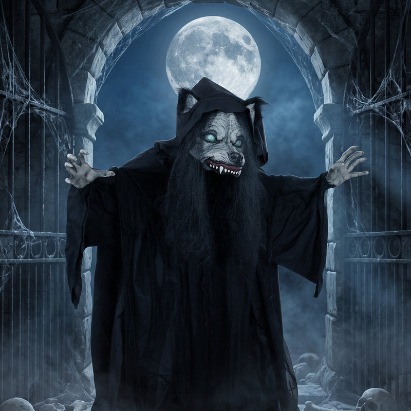 Pop-up werewolf ghost decoration standing beneath a stone archway and full moon