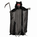 Animated standing werewolf Halloween decoration holding a sickle with glowing red eyes
