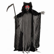 Animated standing werewolf Halloween decoration holding a sickle with glowing red eyes