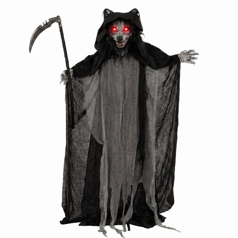 Animated standing werewolf Halloween decoration holding a sickle with glowing red eyes