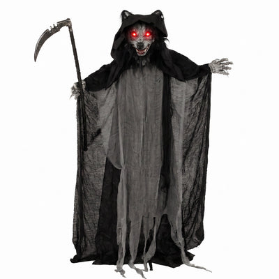 Animated standing werewolf Halloween decoration holding a sickle with glowing red eyes