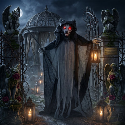 Standing werewolf decoration displayed at a gothic cemetery gate for Halloween