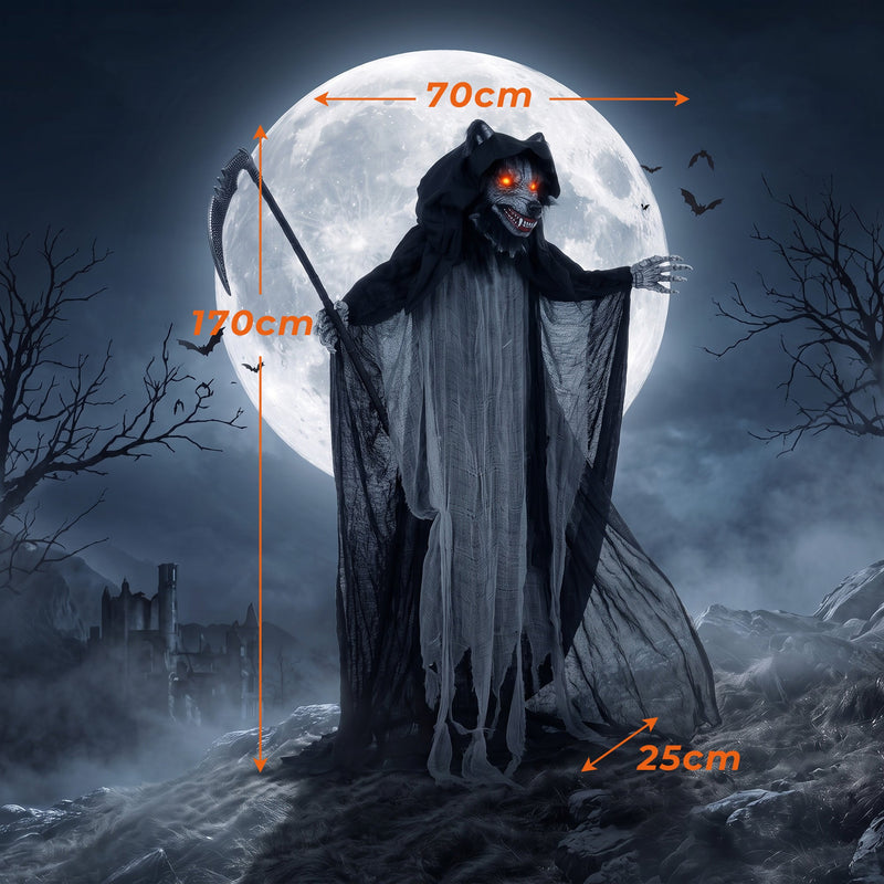 Dimensions diagram showing the standing werewolf decoration at 170 cm tall and 70 cm wide