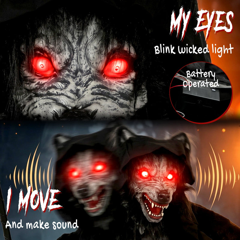 Close-up of the werewolf decoration's glowing red eyes and swaying head feature