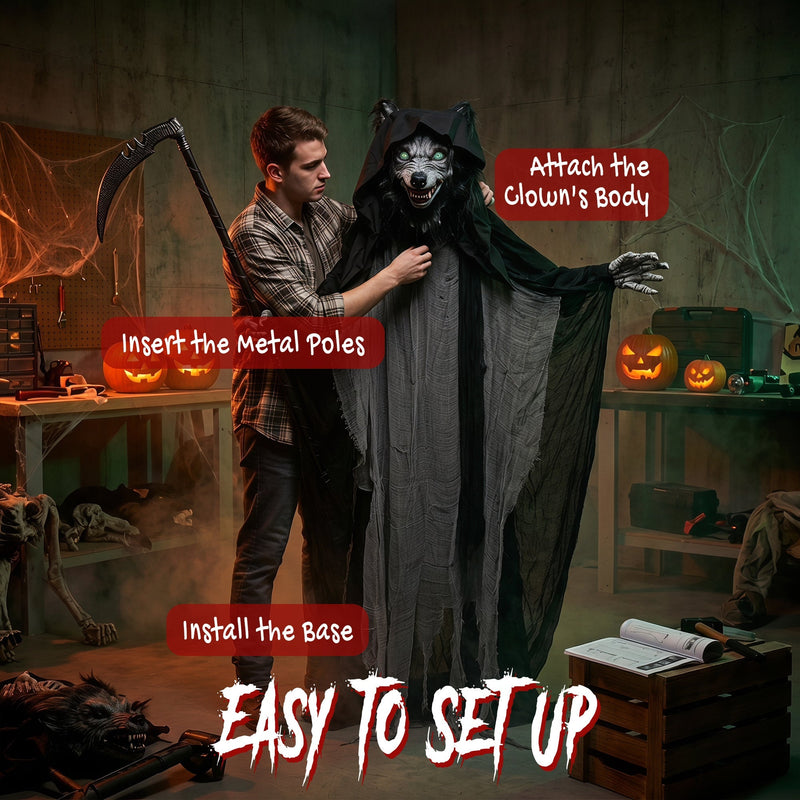 Step-by-step assembly of the standing werewolf decoration onto its support pole and base